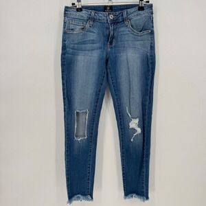 JUST BLACK Women's Size 26 Blue Denim Jeans Distressed Patchwork Fray Hem Skinny